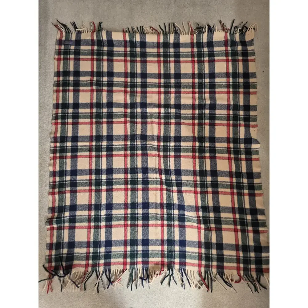 Pendleton Green Plaid Fringe Made In USA Virgin Wool Blanket 64x52 in VTG